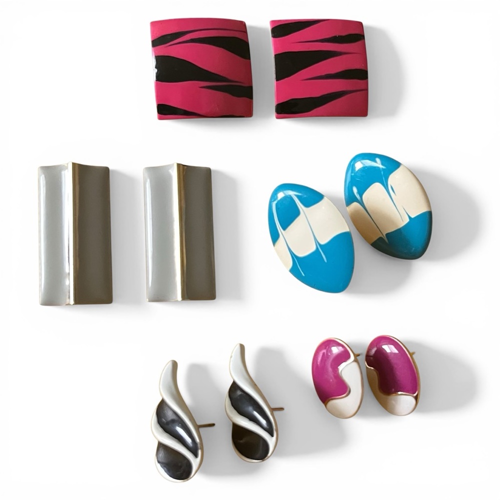 1980s Enamel Earrings for Pierced Ears Geometric Lot of Six Pairs